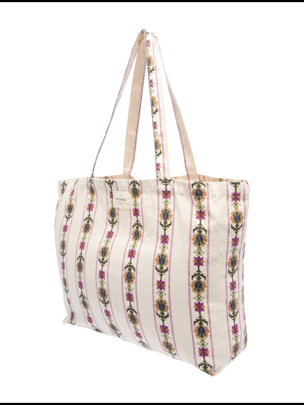 Sezane Cream Canvas Tote with Pink and Green Floral Stripes